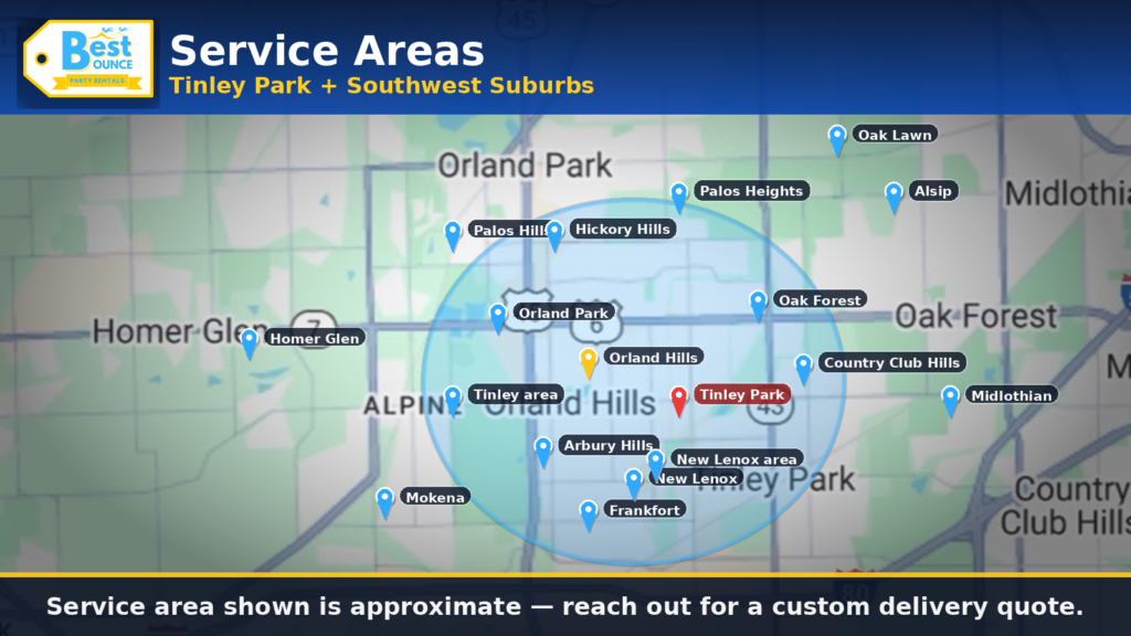 Service areas map for bounce house rentals in Tinley Park and surrounding suburbs
