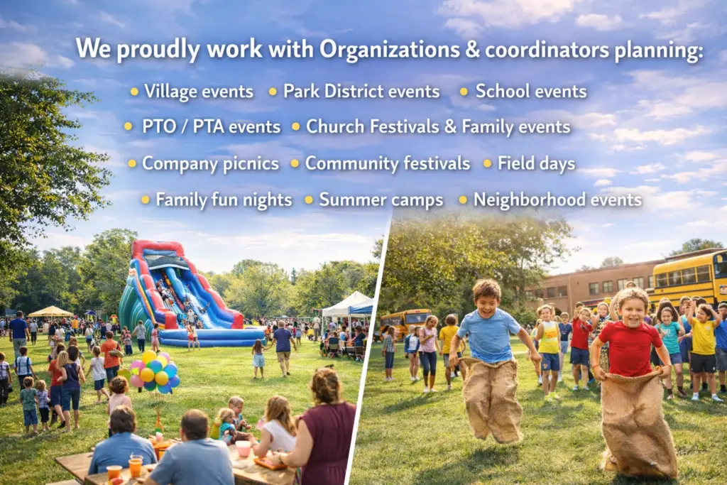 Inflatable rentals at community events including school field days, park district events, and village festivals with kids playing games and enjoying large slides.