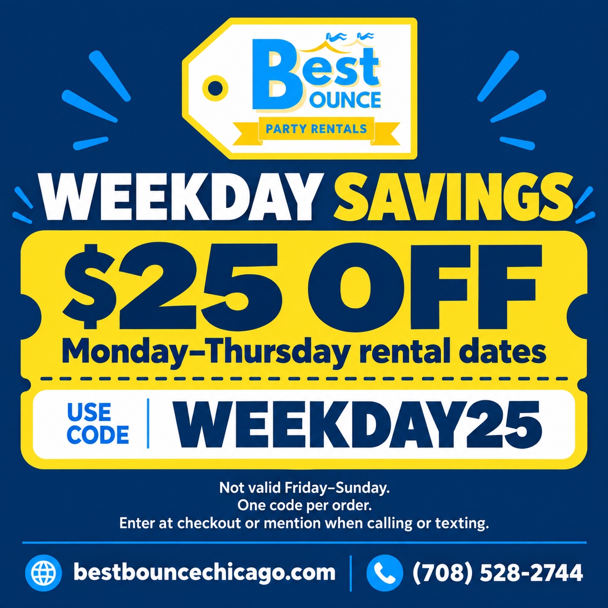 Best Bounce Weekday Savings coupon graphic. Offer details and coupon code are provided alongside this image.